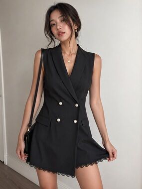Zara Black Double-Breasted Sleeveless Romper with Pearl Buttons